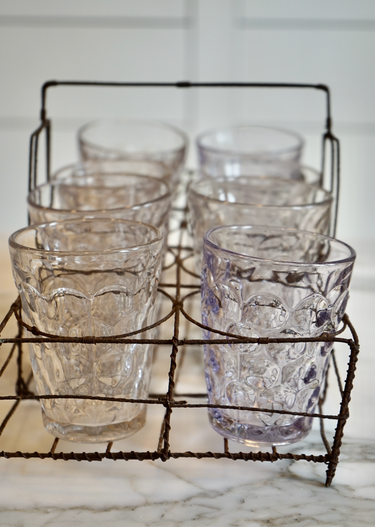 Antique Wire Caddy with 8 Hand Blown Glasses